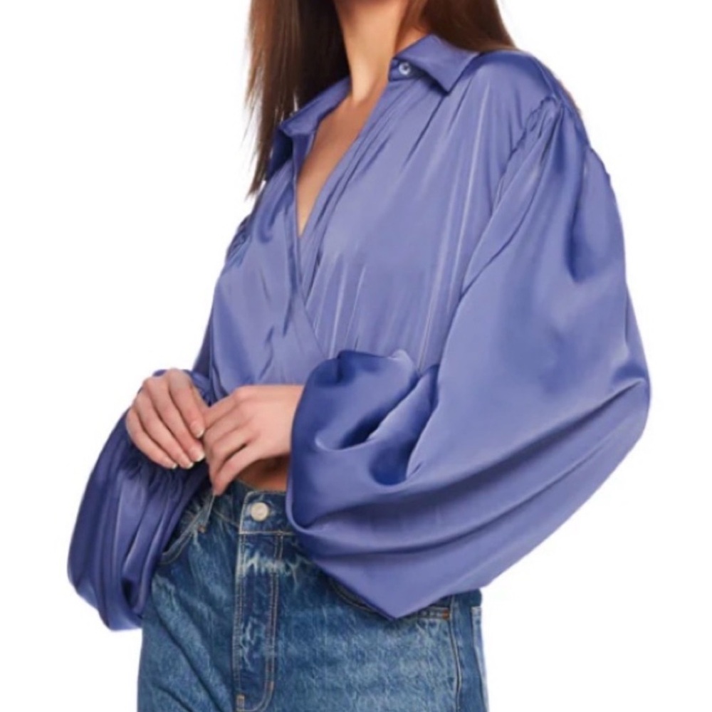 NWOT Susana Monaco (S) Matte Satin Wrap Poet Crop Top Mediterranean Blue